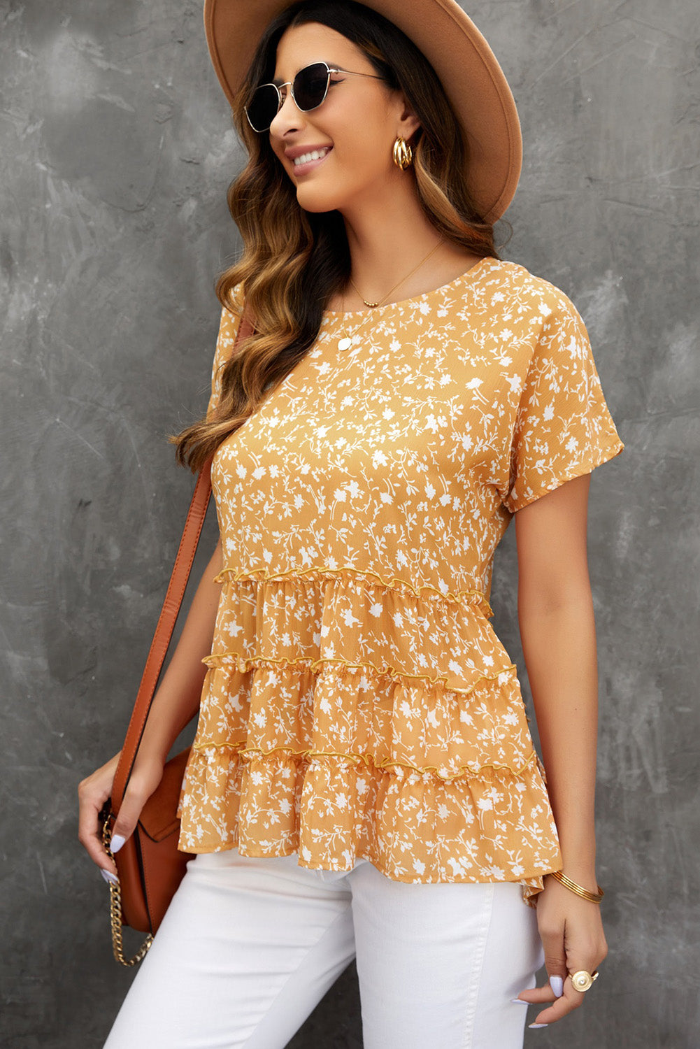 Floral Short Sleeve High-Low Tunic Top