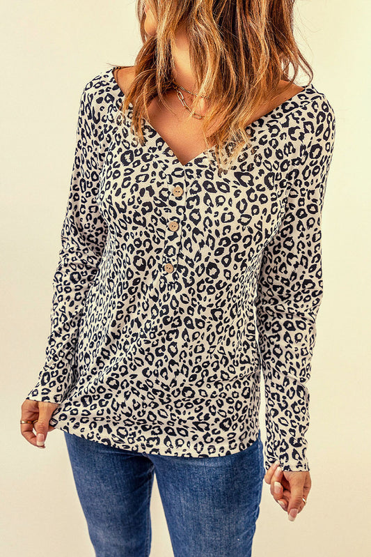 Leopard Print V-Neck Long Sleeve Top