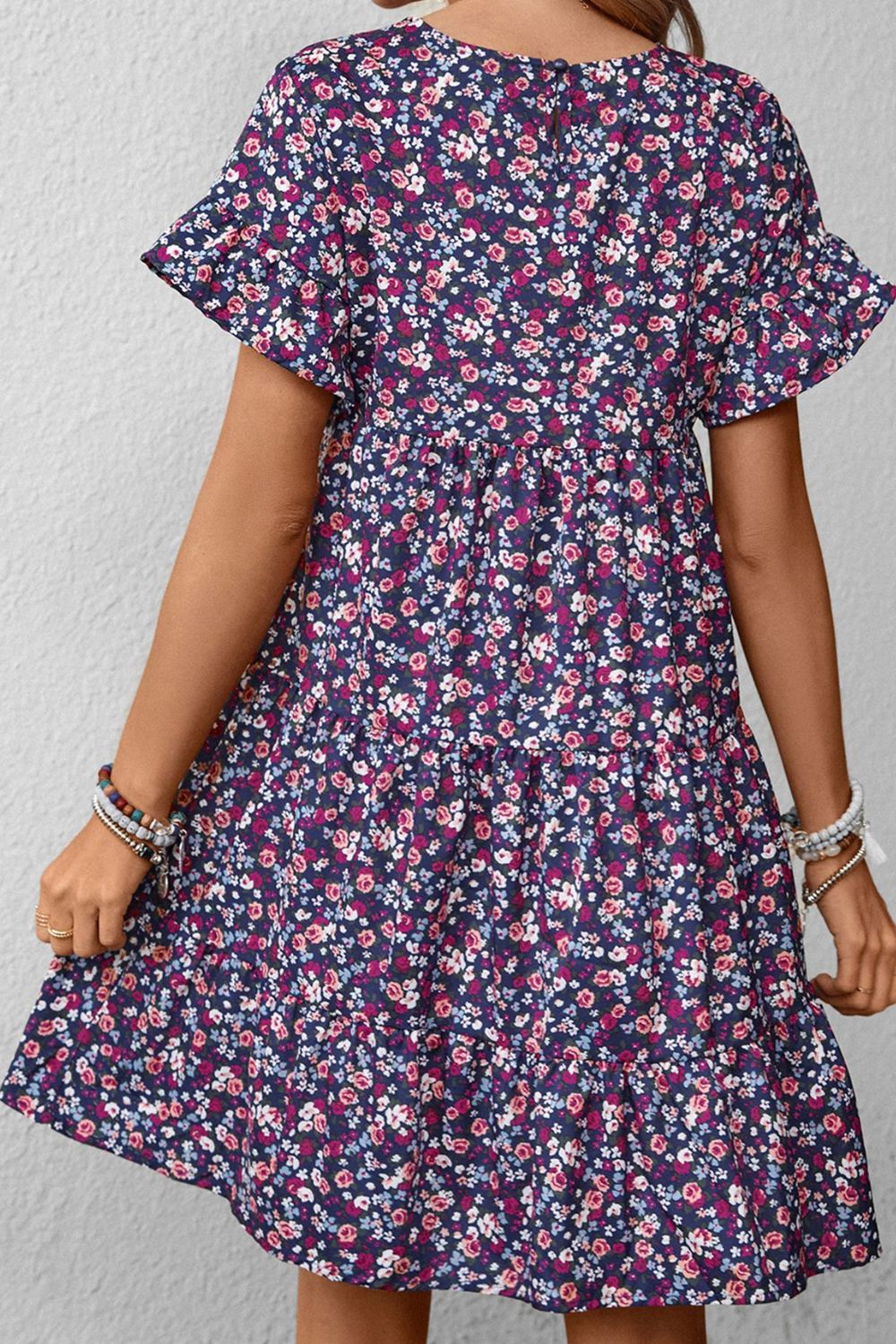 Floral Round Neck Flounce Sleeve Dress