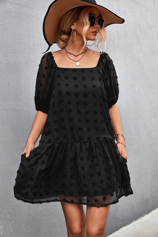 Swiss Dot Square Neck Half Balloon Sleeve Dress