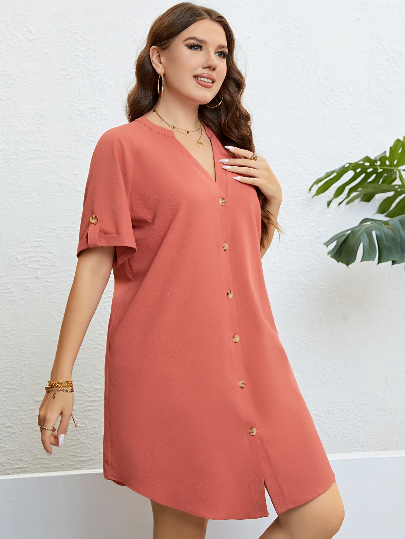 Plus Size Buttoned Notched Neck Shift Dress